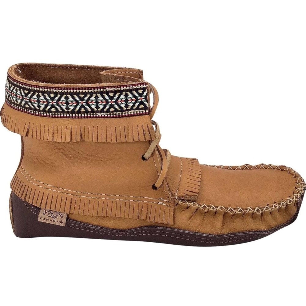 Laurentian Chief Canada Fringed Tan Leather Moccasin Boot with Southwestern Trim